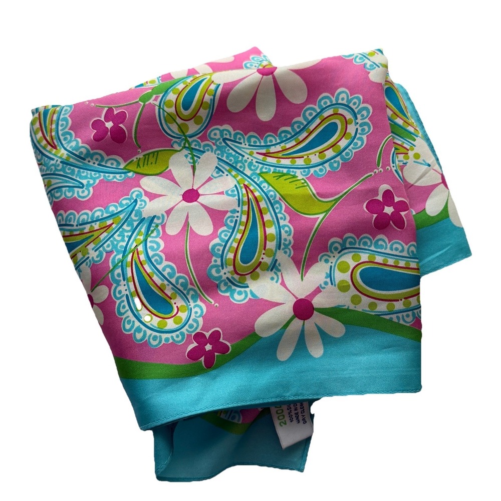 Vintage 2004 Lilly Pulitzer x Ford Warriors in Pink Silk Paisley Pink Blue Scarf - Picture 4 of 10